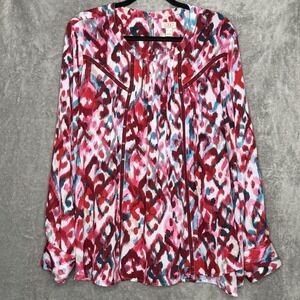 Logo Lori Goldstein XL Shirt Top Red Pink Abstract Long Sleeve Scoop Neck Sheer